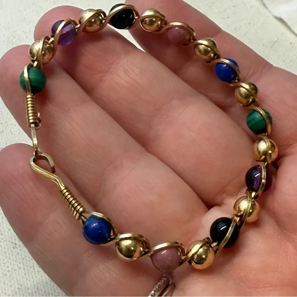 Multi Gemstone GOLD FILLED WIRE WRAPPED BANGLE BRACELET Malachite Onyx Rhodonite - Picture 5 of 6